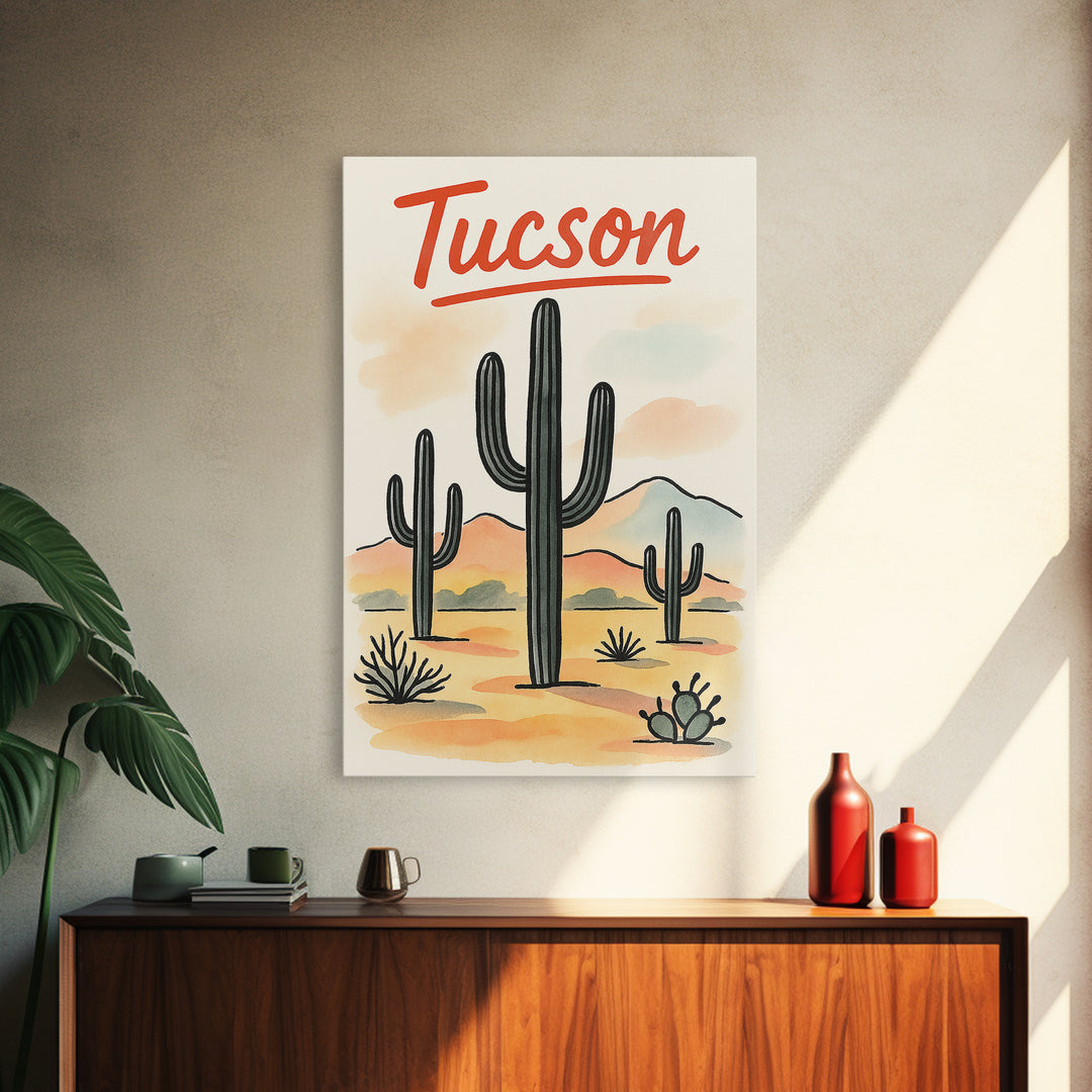 Tucson Travel Poster, Framed Canvas Print, Watercolor Urban Skyline Art, Tucson Travel Art, Gift For Travelers, City Travel Prints