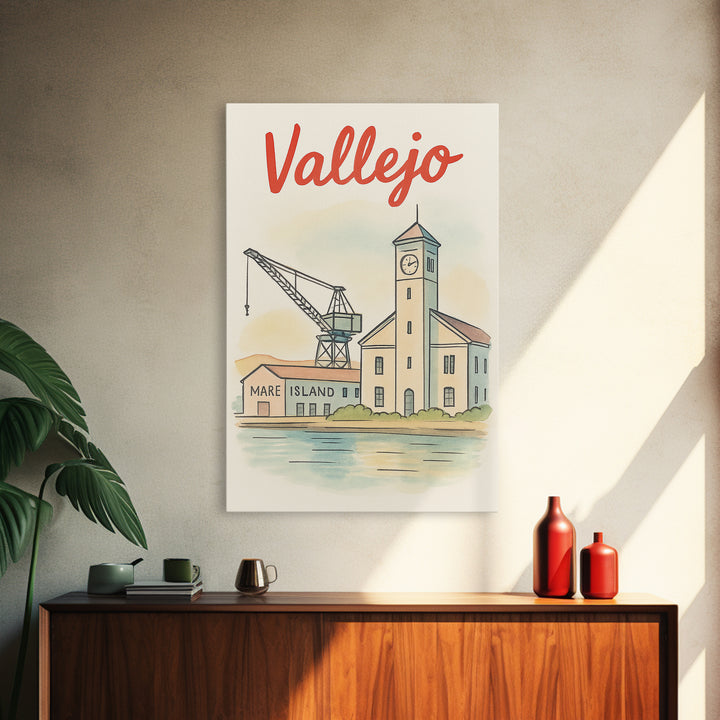Vallejo California Travel Poster, Canvas Print, Hand Drawn Watercolor Art, Vallejo Poster Print, City Travel Prints, Retro Travel Print