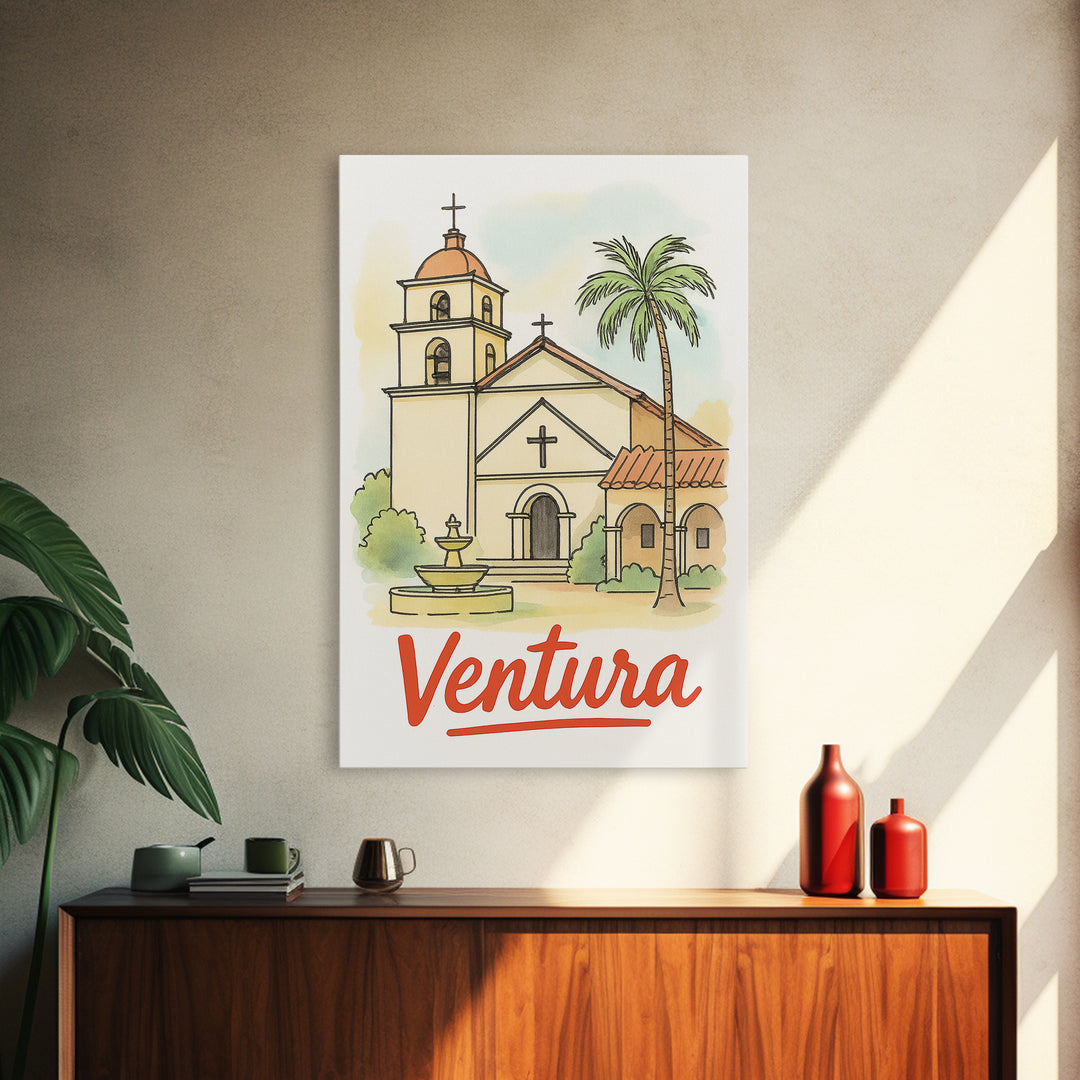 Ventura California Travel Poster, Framed Canvas Print, Illustrated City Wall Art, Ventura City Art, Travel Poster Art, Gift For Travelers