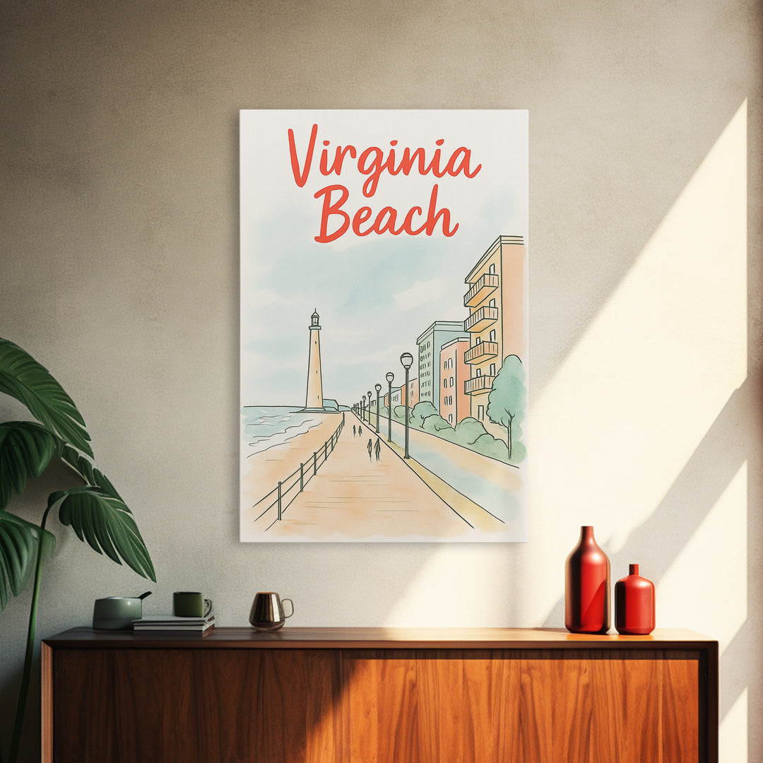 Virginia Beach Travel Poster, Canvas Print, Soft Sketch Travel Art, Virginia Beach Travel Art, Travel Poster Set, City Art Print
