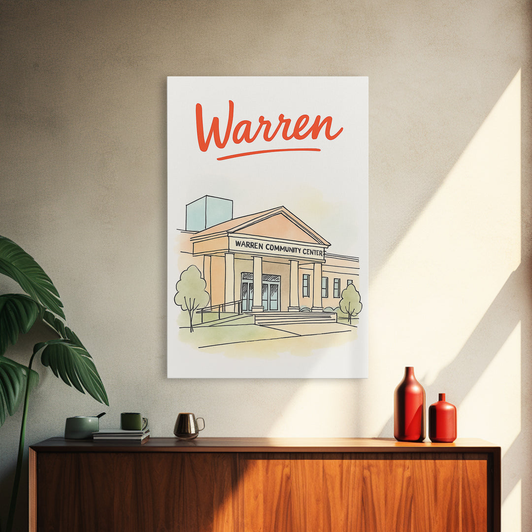Waren Travel Poster, Framed Canvas Print, Soft Sketch Travel Art, Waren Travel Art, Eclectic Wall Decor, Retro Travel Print, City Poster