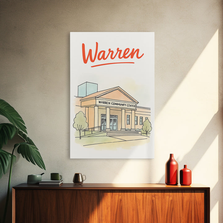 Waren Travel Poster, Framed Canvas Print, Soft Sketch Travel Art, Waren Travel Art, Eclectic Wall Decor, Retro Travel Print, City Poster