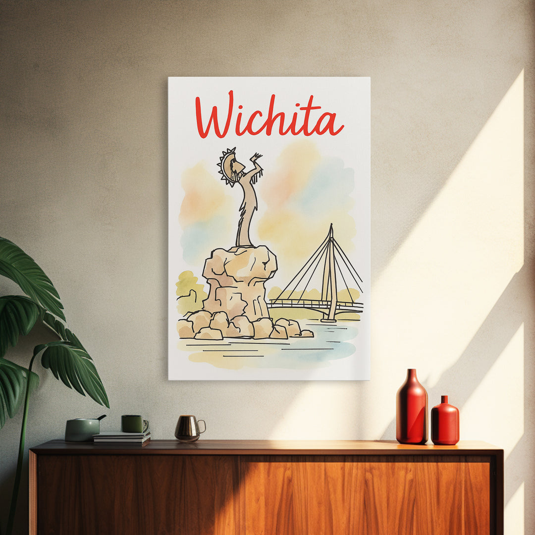Wichita Travel Poster, Framed Canvas Print, Illustrated City Wall Art, Wichita Art Print, Mid Century Wall Art, Travel Wall Art