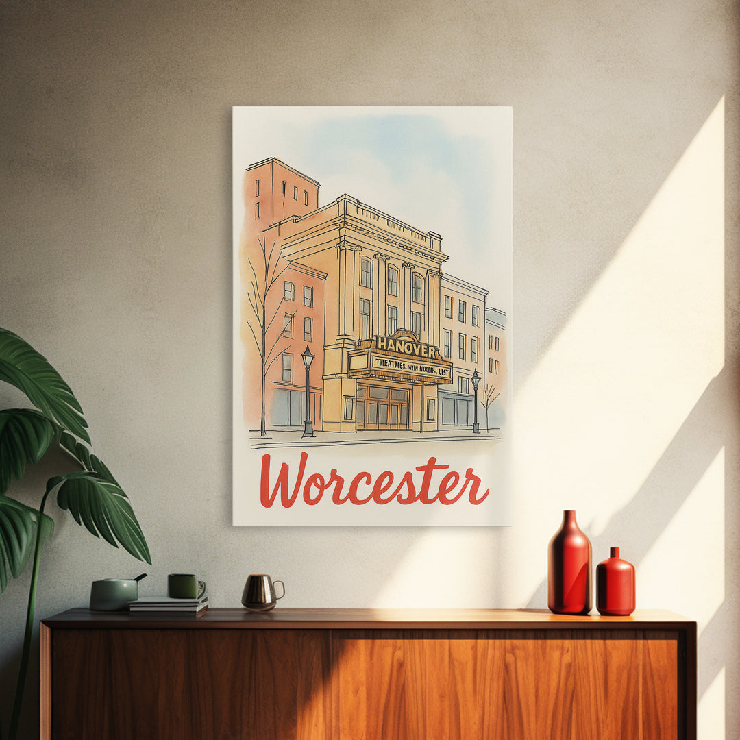 Worcester Massachusetts Travel Poster, Canvas Print, Illustrated City Wall Art, Worcester Art Print, Travel Art, Mid Century Wall Art