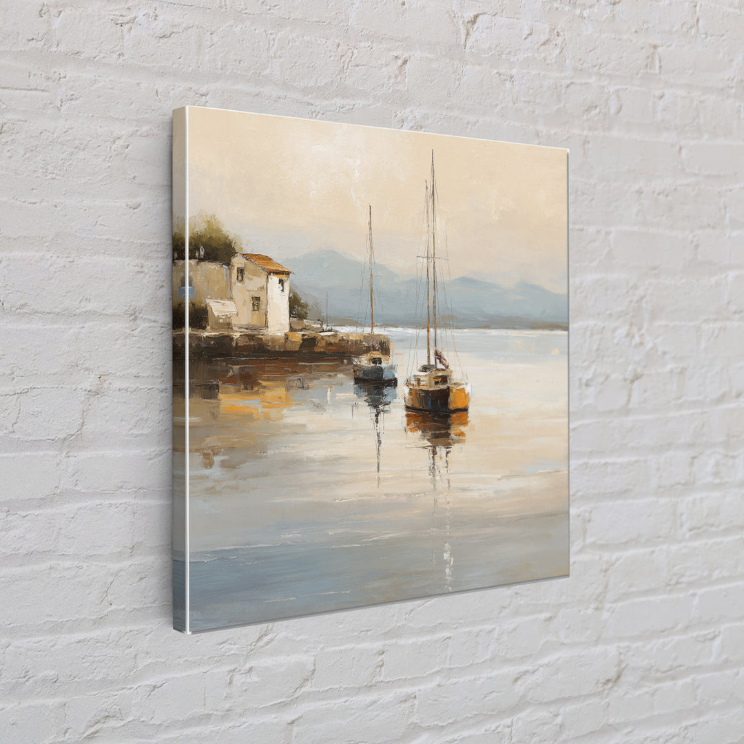 Quiet Harbor with Sailboats at Dawn Canvas Print, Hotel Art, Coastal Wall Art, Hotel Decor, Oil Painting, Boutique, HOT-1x1-22