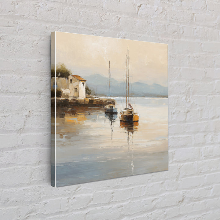 Quiet Harbor with Sailboats at Dawn Canvas Print, Hotel Art, Coastal Wall Art, Hotel Decor, Oil Painting, Boutique, HOT-1x1-22