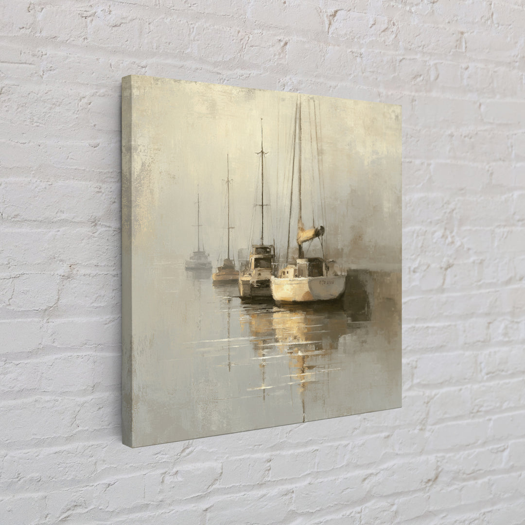 Quiet Harbor with Sailboats at Dawn Framed Canvas Print, Hotel Art, Gallery Wall Set, Hotel Decor, Fine Art, Boutique, HOT-1x1-70