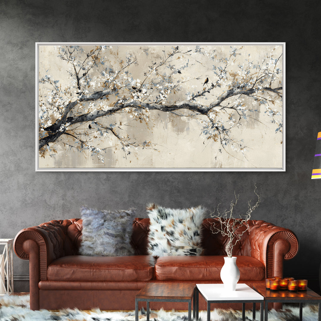 Elegant Botanical Branch on Ivory Ground Framed Canvas Print, Hotel Art, Art Print, Hotel Decor, Oil Painting, Boutique, HOT-2x1-1