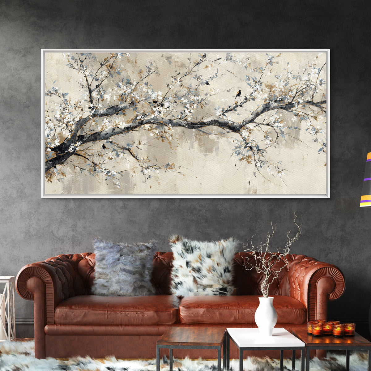Elegant Botanical Branch on Ivory Ground Framed Canvas Print, Hotel Art, Art Print, Hotel Decor, Oil Painting, Boutique, HOT-2x1-1