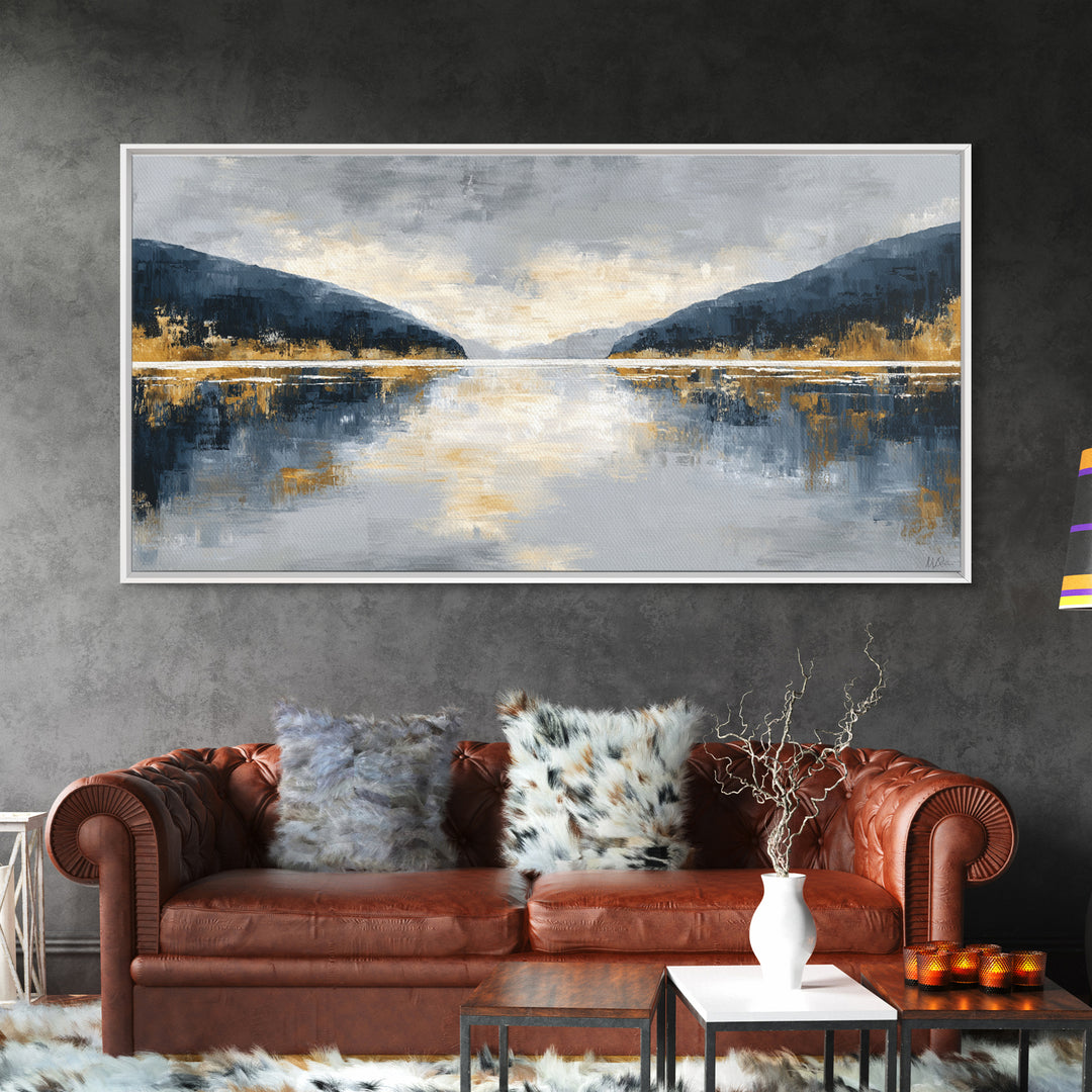 Serene Mountain Lake for Boutique Hotel Mood Framed Canvas Print, Hotel Art, Coastal Decor, Hotel Decor, Oil Painting, Boutique, HOT-2x1-100