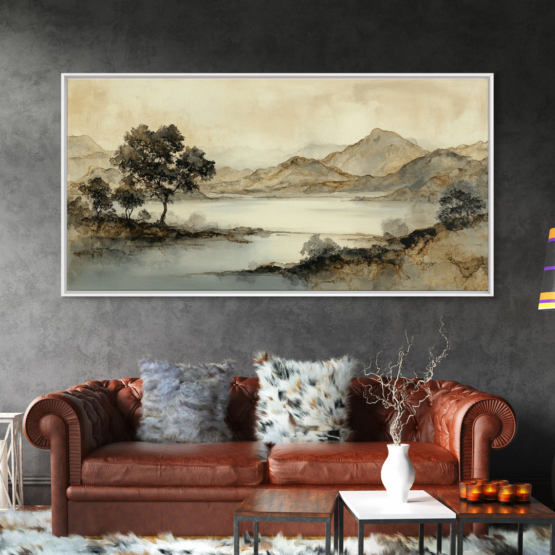 Japanese Ink Landscape Framed Canvas Print, Hotel Art, Luxury Decor, Hotel Decor, Fine Art, Boutique, Art Prints, Hazbin Hotel, HOT-2x1-14