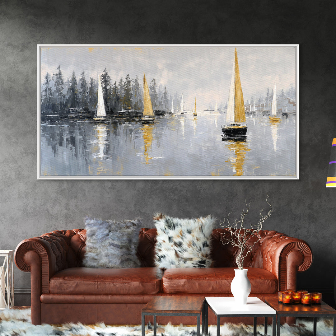 Quiet Harbor with Sailboats at Dawn Framed Canvas Print, Hotel Art, Room Decor, Hotel Decor, Fine Art, Boutique, Art Print, HOT-2x1-18
