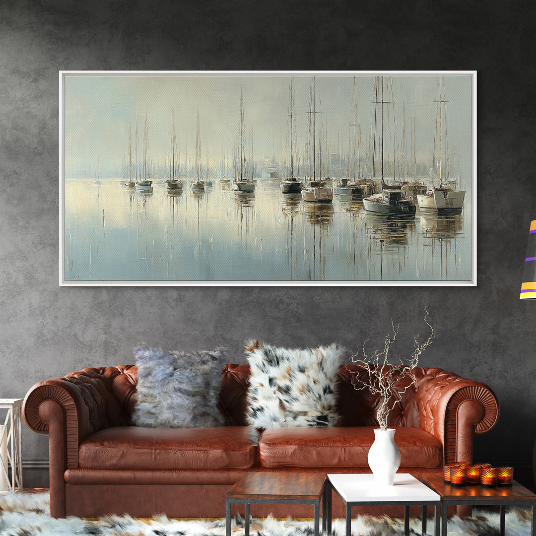 Quiet Harbor with Sailboats at Dawn Framed Canvas Print, Hotel Art, Room Decor, Hotel Decor, Fine Art, Boutique, Art Print, HOT-2x1-42