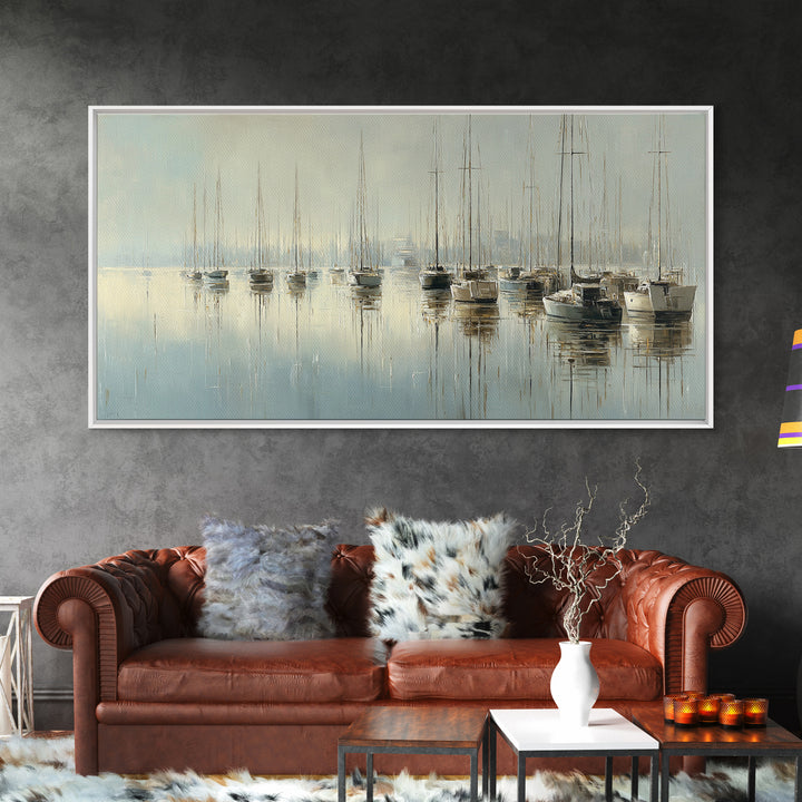Quiet Harbor with Sailboats at Dawn Framed Canvas Print, Hotel Art, Room Decor, Hotel Decor, Fine Art, Boutique, Art Print, HOT-2x1-42