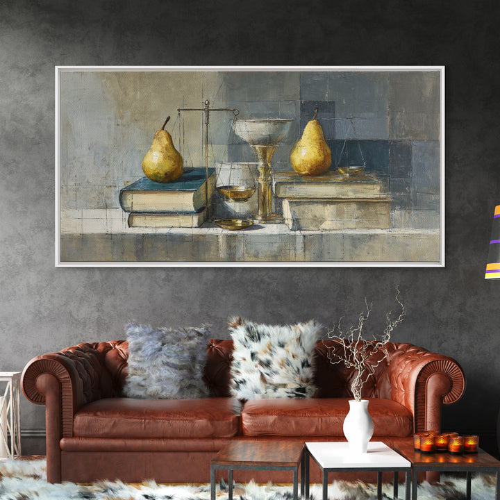 Elegant Pear Still Life on Linen Framed Canvas Print, Hotel Art, Art Deco, Hotel Decor, Fine Art, Boutique, Minimalist Wall Art, HOT-2x1-65