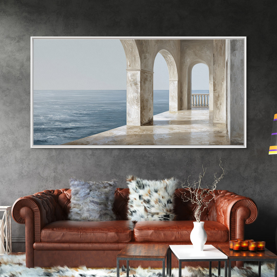 Mediterranean Terrace View Focused on Sea and Framed Canvas Print, Hotel Art, Painting, Hotel Decor, Fine Art, Boutique, HOT-2x1-7