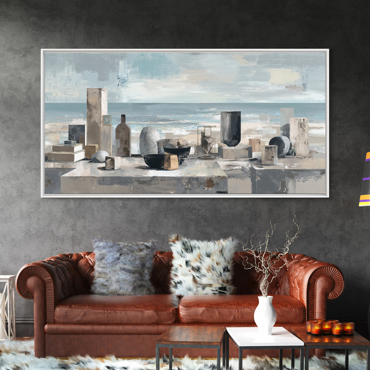 Mediterranean Terrace View Focused on Sea and Framed Canvas Print, Hotel Art, Travel Poster, Hotel Decor, Fine Art, Boutique, HOT-2x1-79