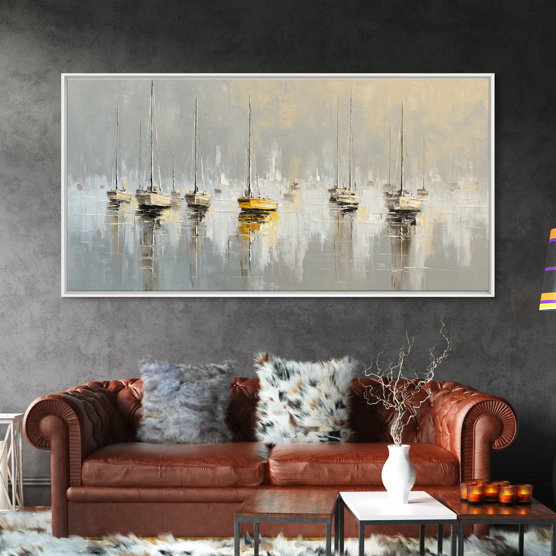 Quiet Harbor with Sailboats at Dawn Framed Canvas Print, Hotel Art, Hotel Decor, Oil Painting, Boutique, Modern Wall Art, HOT-2x1-90