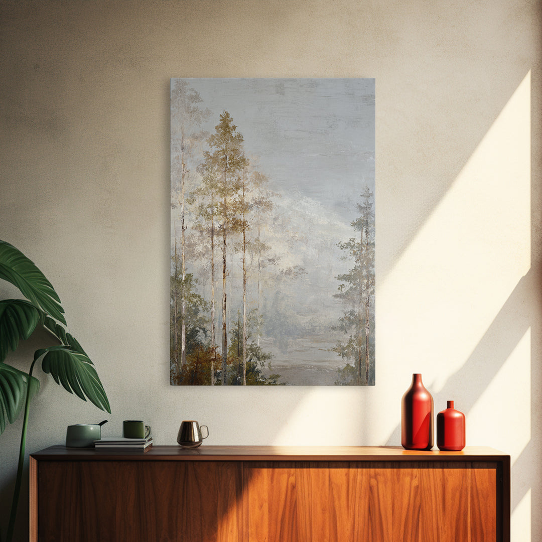 Misty Forest with Refined Calm Atmosphere Framed Canvas Print, Hotel Art, Poster, Hotel Decor, Boutique, Wood Wall Art, HOT-2x3-46