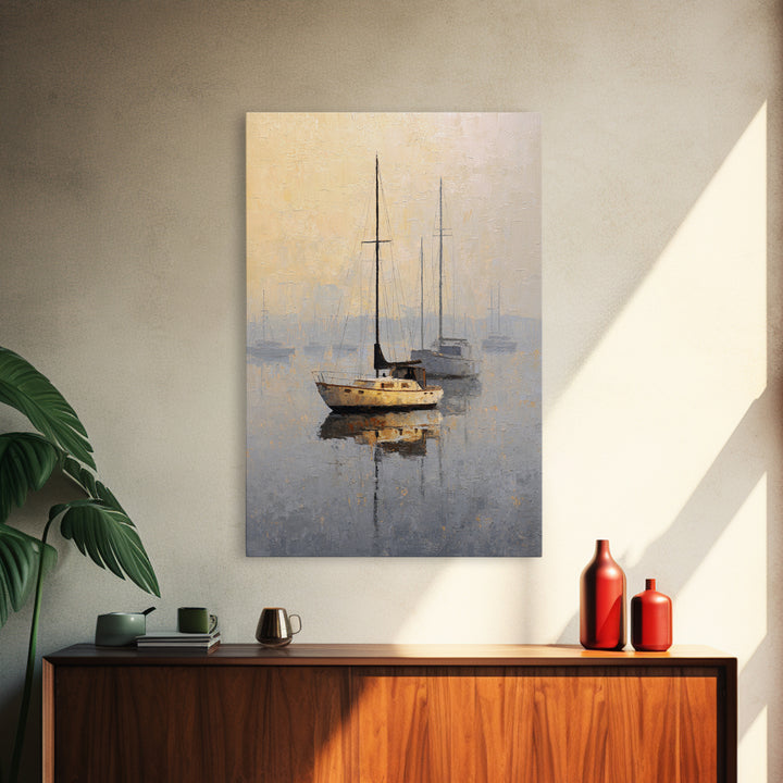 Quiet Harbor with Sailboats at Dawn Framed Canvas Print, Hotel Art, Mid Century Modern, Hotel Decor, Fine Art, Boutique, HOT-2x3-78