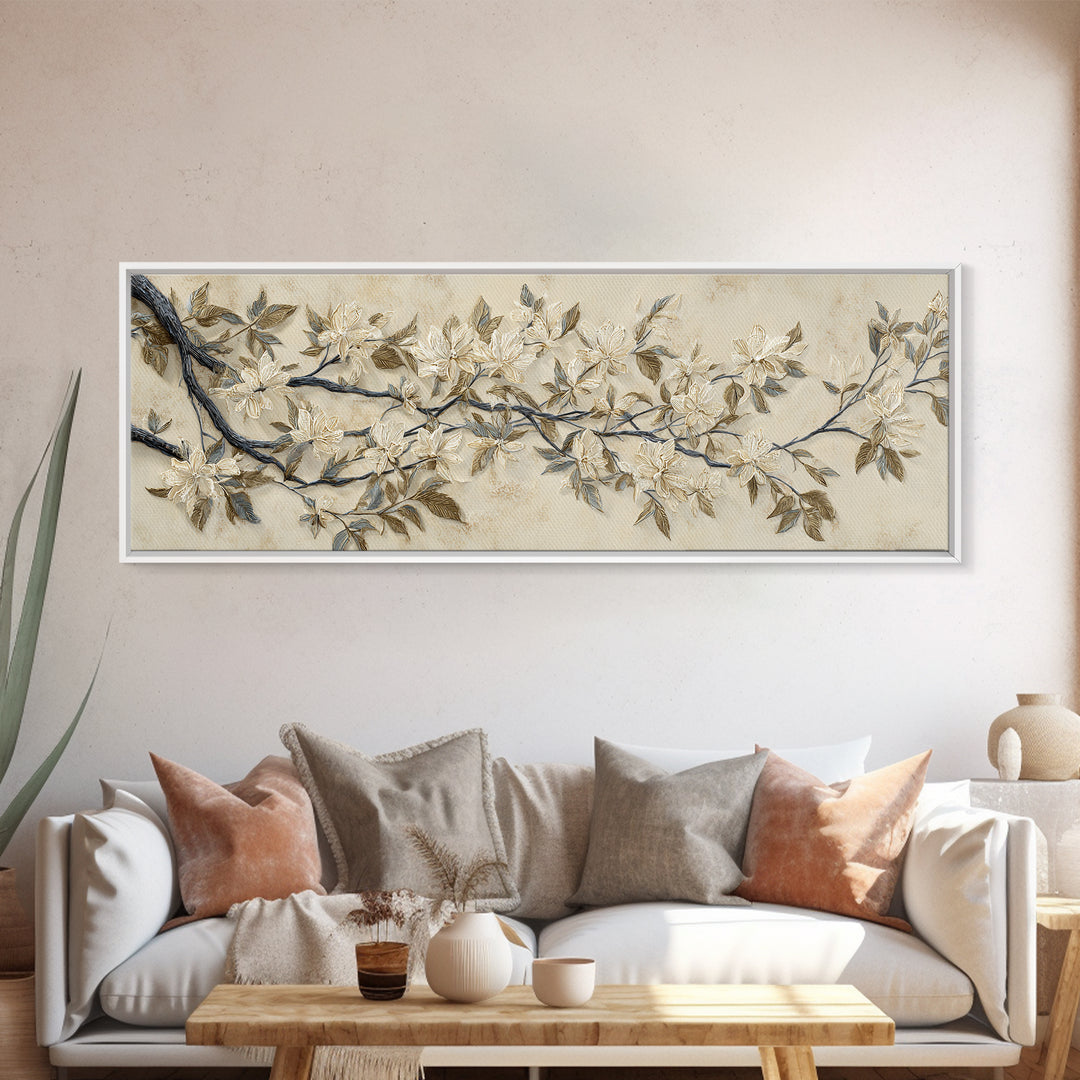 Elegant Botanical Branch on Ivory Ground Canvas Print, Hotel Art, Gallery Wall Art, Hotel Decor, Boutique, Luxury Decor, HOT-3x1-21