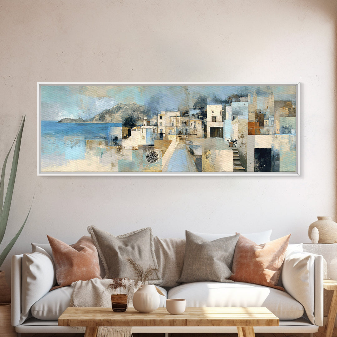 Mediterranean Terrace View Focused on Sea and Framed Canvas Print, Hotel Art, Textured Painting, Hotel Decor, Boutique, HOT-3x1-27