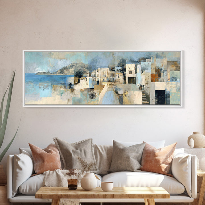 Mediterranean Terrace View Focused on Sea and Framed Canvas Print, Hotel Art, Textured Painting, Hotel Decor, Boutique, HOT-3x1-27