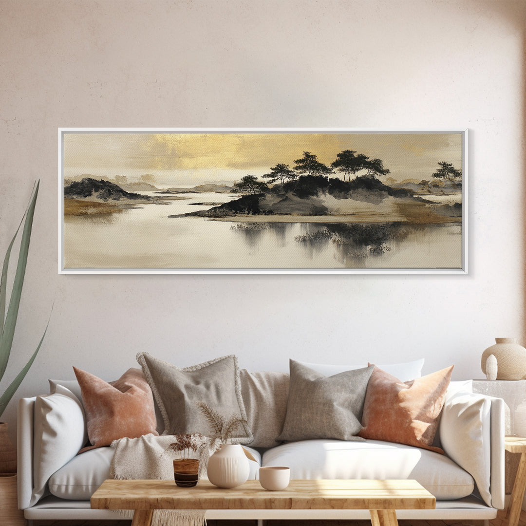 Japanese Ink Landscape Canvas Print, Hotel Art, Art Deco, Hotel Decor, Boutique, Minimalist Wall Art, Gallery Wall Art, HOT-3x1-34