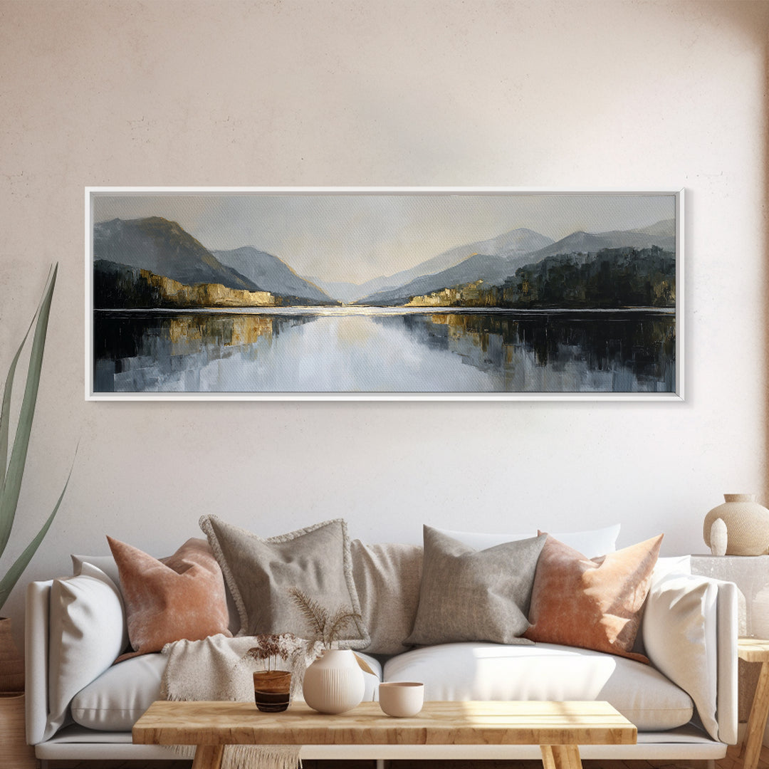 Serene Mountain Lake for Boutique Hotel Mood Framed Canvas Print, Hotel Art, Poster, Hotel Decor, Fine Art, Boutique, HOT-3x1-72