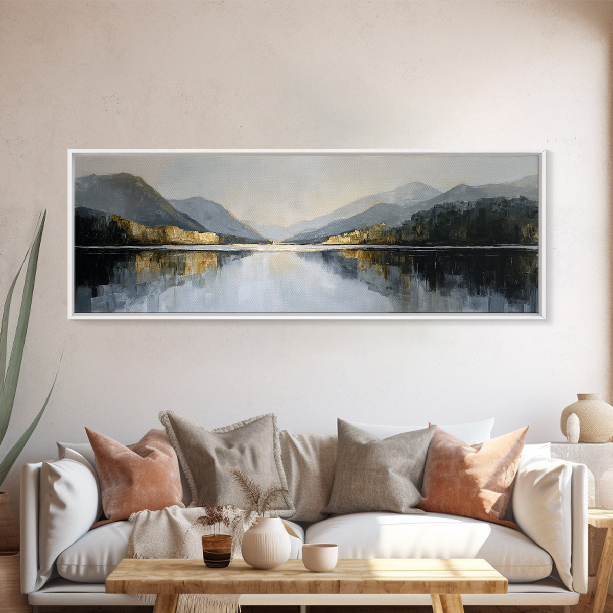 Serene Mountain Lake for Boutique Hotel Mood Framed Canvas Print, Hotel Art, Poster, Hotel Decor, Fine Art, Boutique, HOT-3x1-72