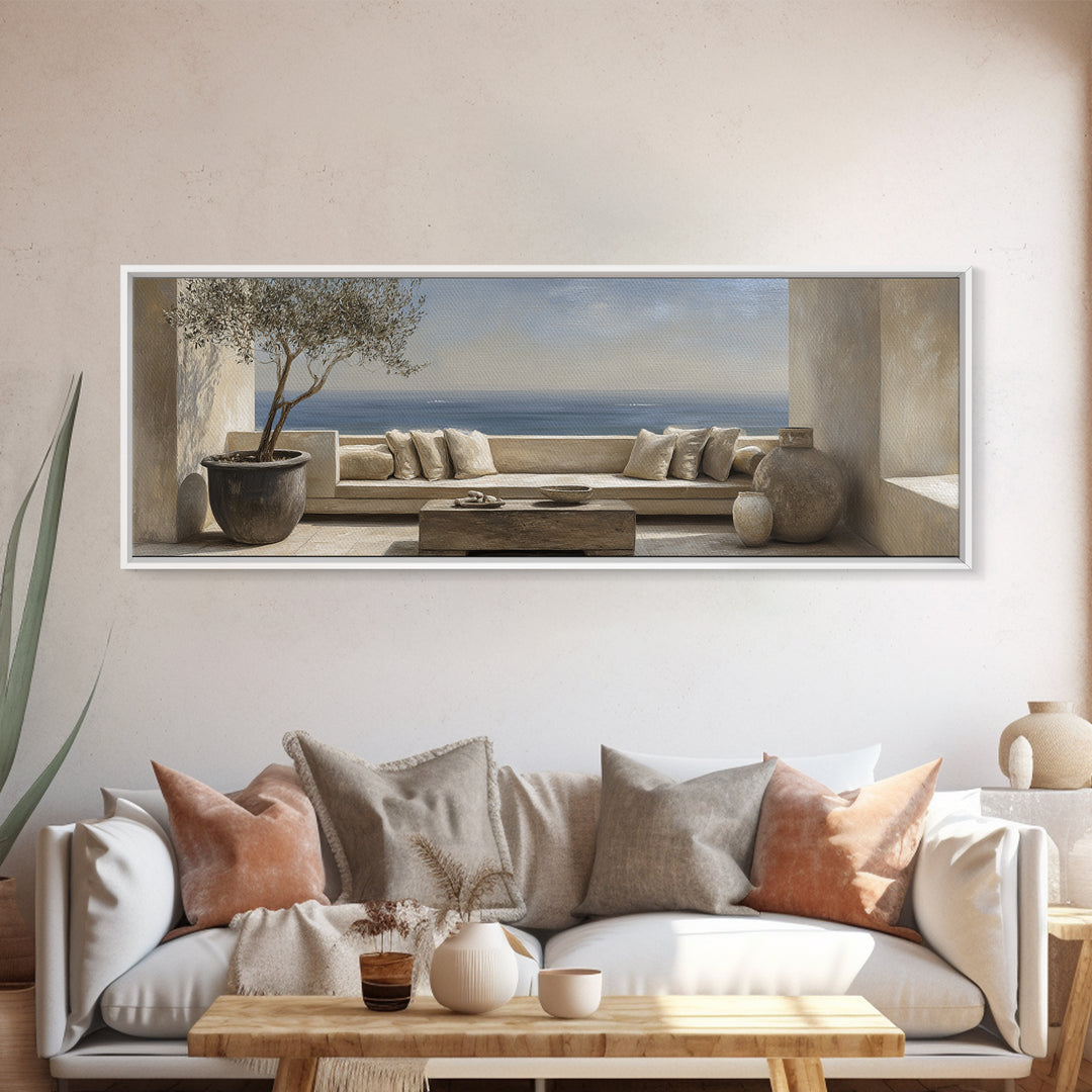 Mediterranean Terrace View Focused on Sea and Framed Canvas Print, Hotel Art, Art Print, Hotel Decor, Fine Art, Boutique, HOT-3x1-99
