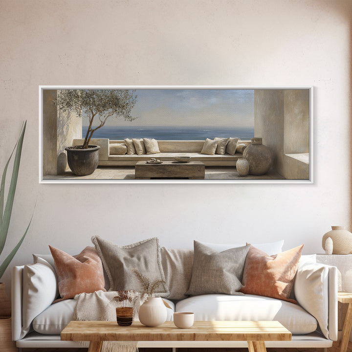 Mediterranean Terrace View Focused on Sea and Framed Canvas Print, Hotel Art, Art Print, Hotel Decor, Fine Art, Boutique, HOT-3x1-99