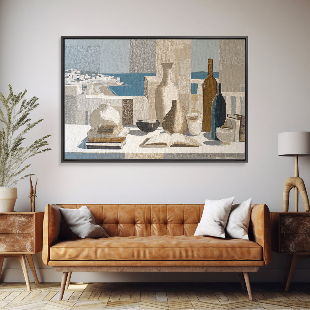 Mediterranean Terrace View Focused on Sea and Framed Canvas Print, Hotel Art, Modern Wall Art, Hotel Decor, Fine Art, Boutique, HOT-3x2-15