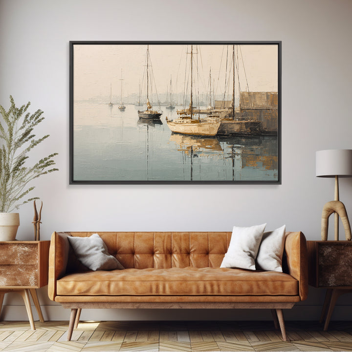 Quiet Harbor with Sailboats at Dawn Framed Canvas Print, Hotel Art, Mid Century Modern, Hotel Decor, Fine Art, Boutique, HOT-3x2-2