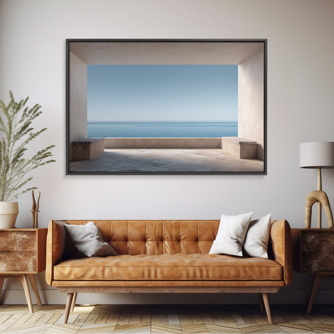 Mediterranean Terrace View Focused on Sea and Framed Canvas Print, Hotel Art, Contemporary Art, Hotel Decor, Fine Art, Boutique, HOT-3x2-39