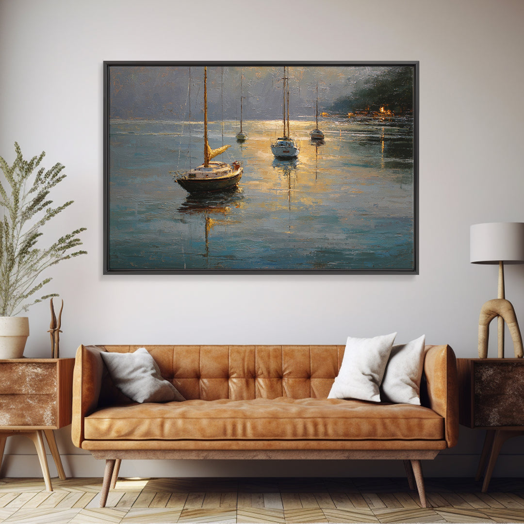 Quiet Harbor with Sailboats at Dawn Framed Canvas Print, Hotel Art, Coastal Wall Art, Hotel Decor, Oil Painting, Boutique, HOT-3x2-50