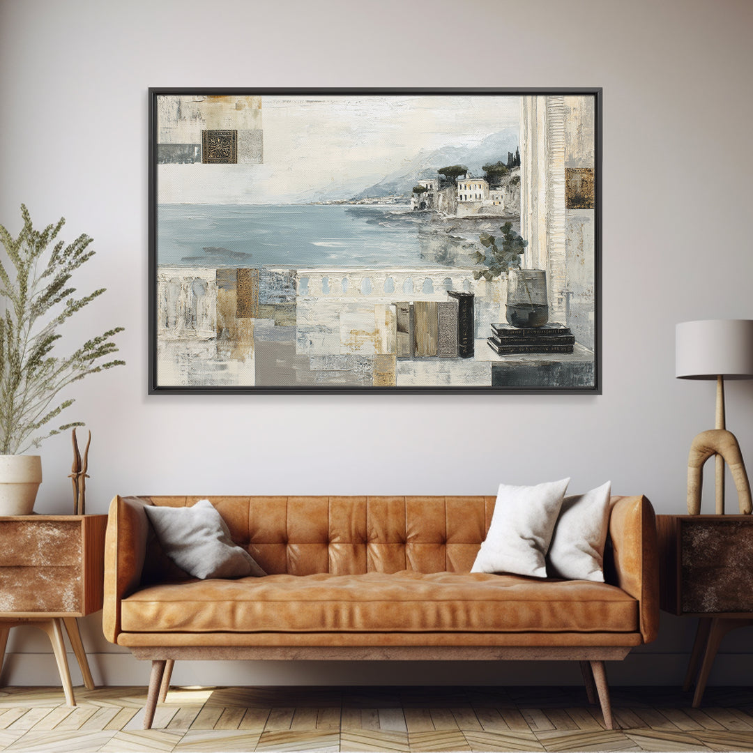 Mediterranean Terrace View Focused on Sea and Framed Canvas Print, Hotel Art, Coastal Decor, Hotel Decor, Fine Art, Boutique, HOT-3x2-63