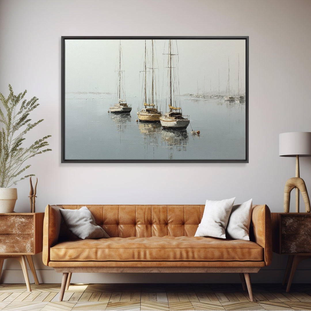 Quiet Harbor with Sailboats at Dawn Framed Canvas Print, Hotel Art, Coastal Wall Art, Hotel Decor, Oil Painting, Boutique, HOT-3x2-74