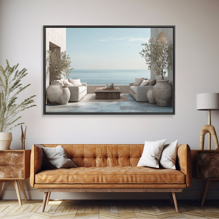 Mediterranean Terrace View Focused on Sea and Framed Canvas Print, Hotel Art, Poster, Hotel Decor, Fine Art, Boutique, HOT-3x2-87