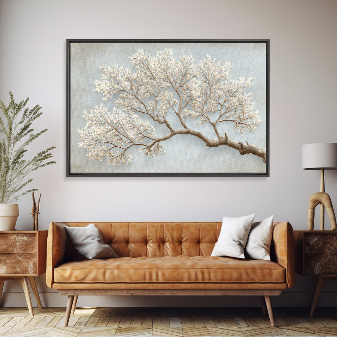 Elegant Botanical Branch on Ivory Ground Framed Canvas Print, Hotel Art, Coastal Decor, Hotel Decor, Oil Painting, Boutique, HOT-3x2-9