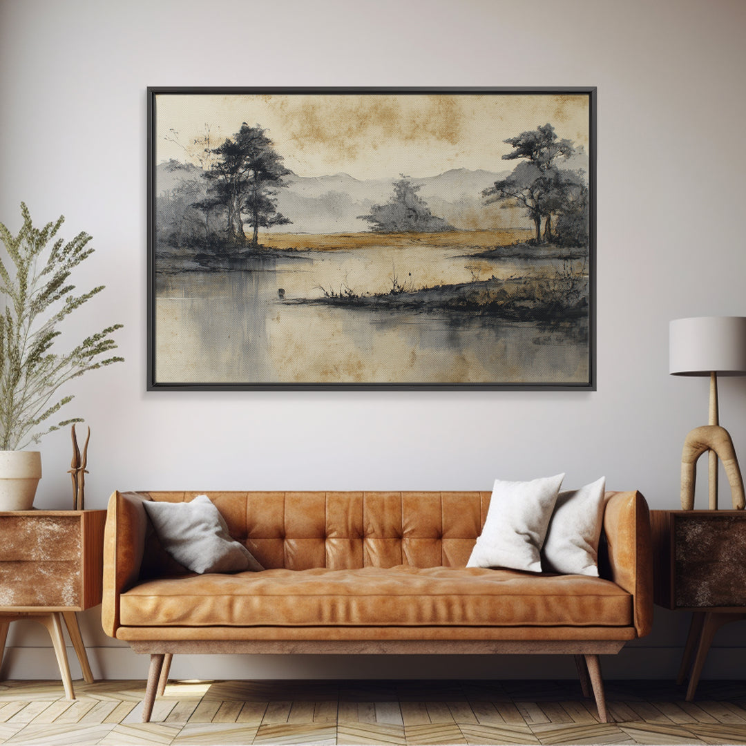 Japanese Ink Landscape Canvas Print, Hotel Art, Beach Prints, Hotel Decor, Fine Art, Boutique, Room Decor, Textured Painting, HOT-3x2-94