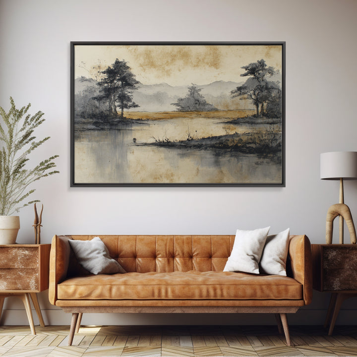Japanese Ink Landscape Canvas Print, Hotel Art, Beach Prints, Hotel Decor, Fine Art, Boutique, Room Decor, Textured Painting, HOT-3x2-94