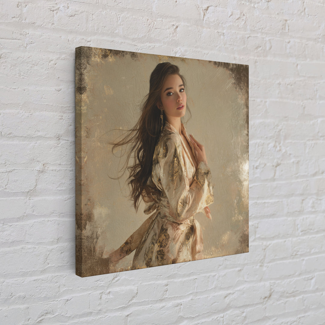 Fashion Portrait with Flowing Glossy Hair Canvas Print, Hair Salon Art, Neutral Decor, Living Room Decor, Oil Painting, Style, HSA-1x1-25