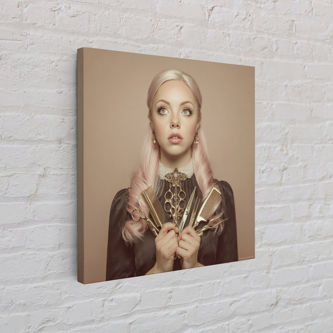 Glamour Face Portrait Framed Canvas Print, Hair Salon Art, Metal Wall Art, Living Room Decor, Style, Black and White Art, HSA-1x1-8