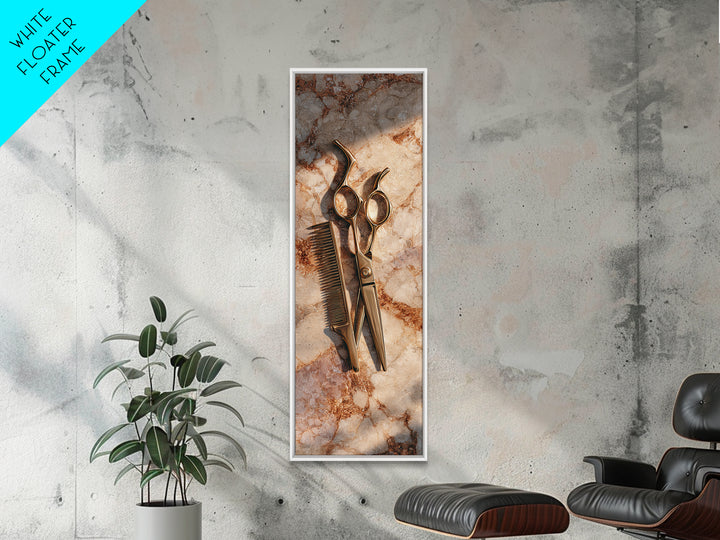 Gold Scissors and Comb Still Life on Canvas Print, Hair Salon Art, Salon Sign, Living Room Decor, Fine Art, Style, Luxury Decor, HSA-1x3-38