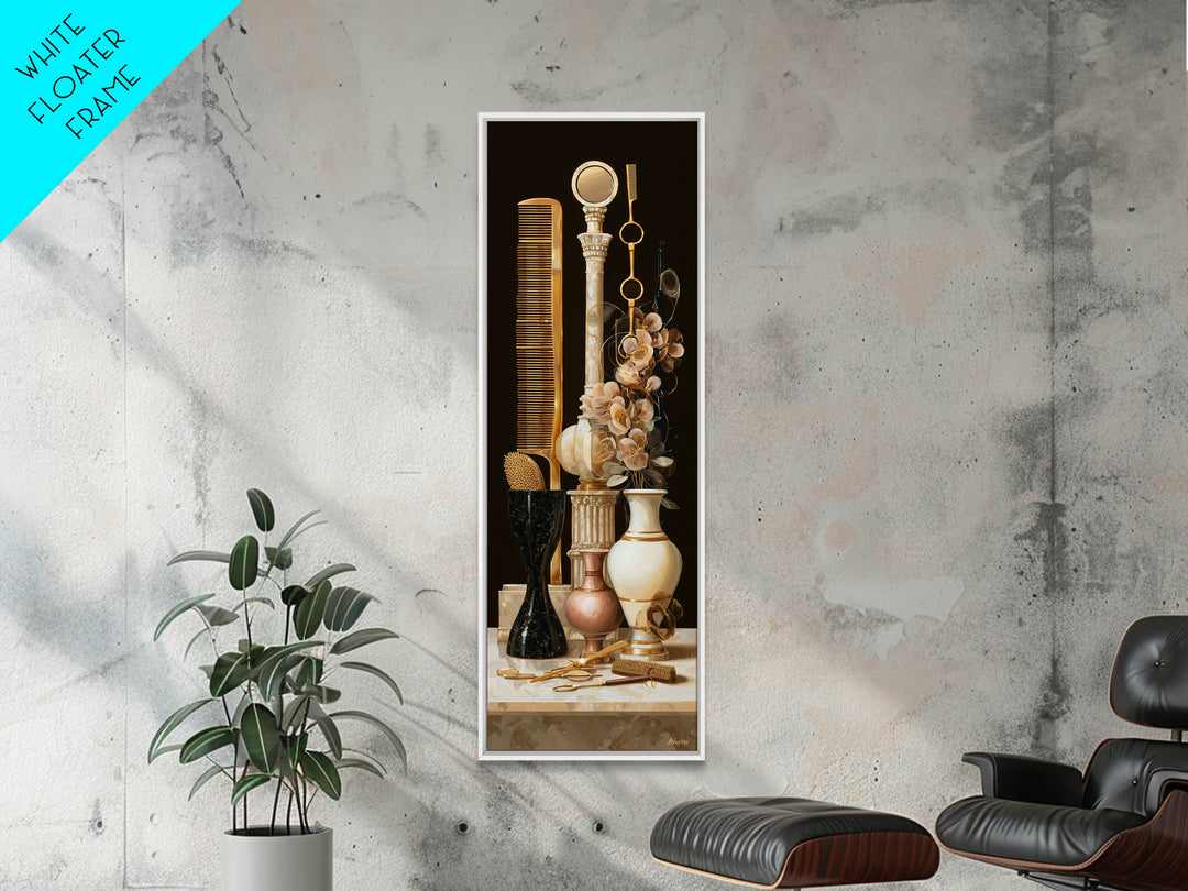 Baroque Mirror and Comb Still Life Framed Canvas Print, Hair Salon Art, Neutral Decor, Living Room Decor, Fine Art, Style, HSA-1x3-53