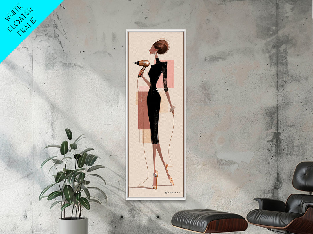 Hairdryer and Brush Framed Canvas Print, Hair Salon Art, Boho Decor, Living Room Decor, Oil Painting, Style, Art Print, HSA-1x3-69