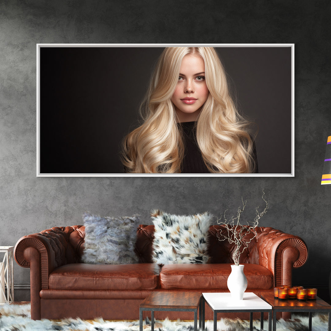 Blonde Waves Painted Framed Canvas Print, Hair Salon Art, Luxury Decor, Living Room Decor, Fine Art, Style, Printable Wall Art, HSA-2x1-12