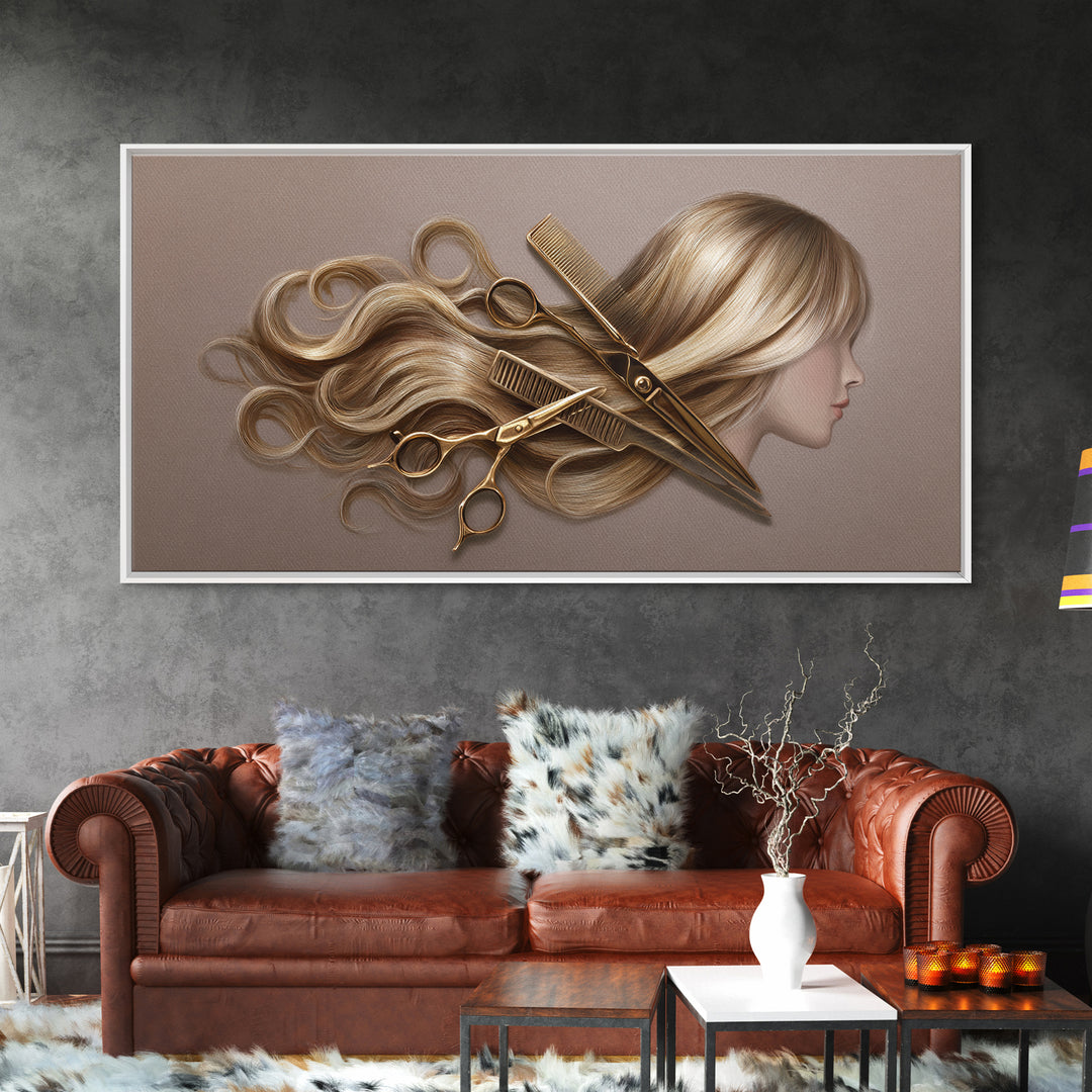Luxury Black and Gold Beauty Emblem Framed Canvas Print, Hair Salon Art, Fine Art Print, Living Room Decor, Fine Art, Style, HSA-2x1-20