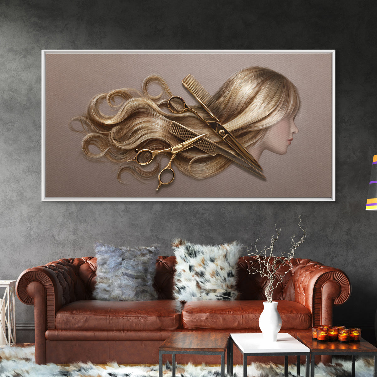 Luxury Black and Gold Beauty Emblem Framed Canvas Print, Hair Salon Art, Fine Art Print, Living Room Decor, Fine Art, Style, HSA-2x1-20